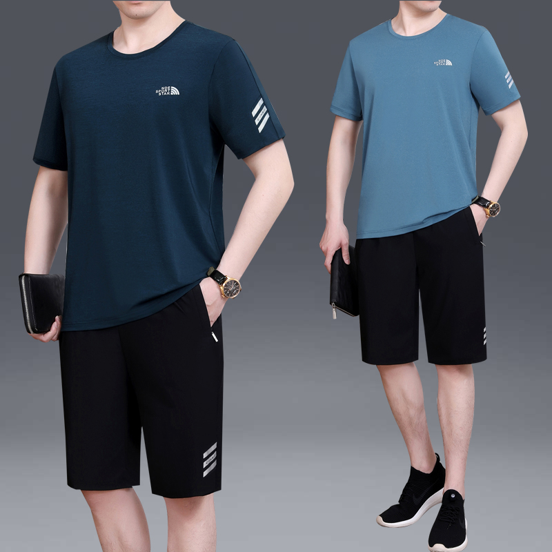 冰丝运动套装男夏季2021新款短袖短裤速干两件套男士夏装休闲衣服