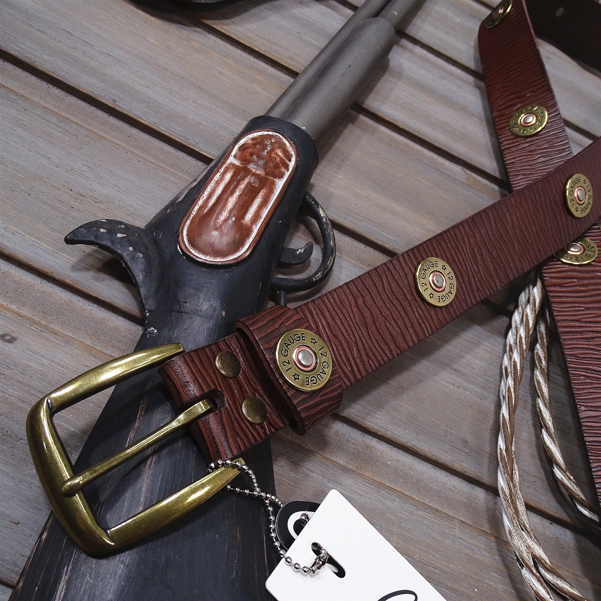 稀罕猎枪子弹底镶火头牛皮做旧做褶真皮美式腰带