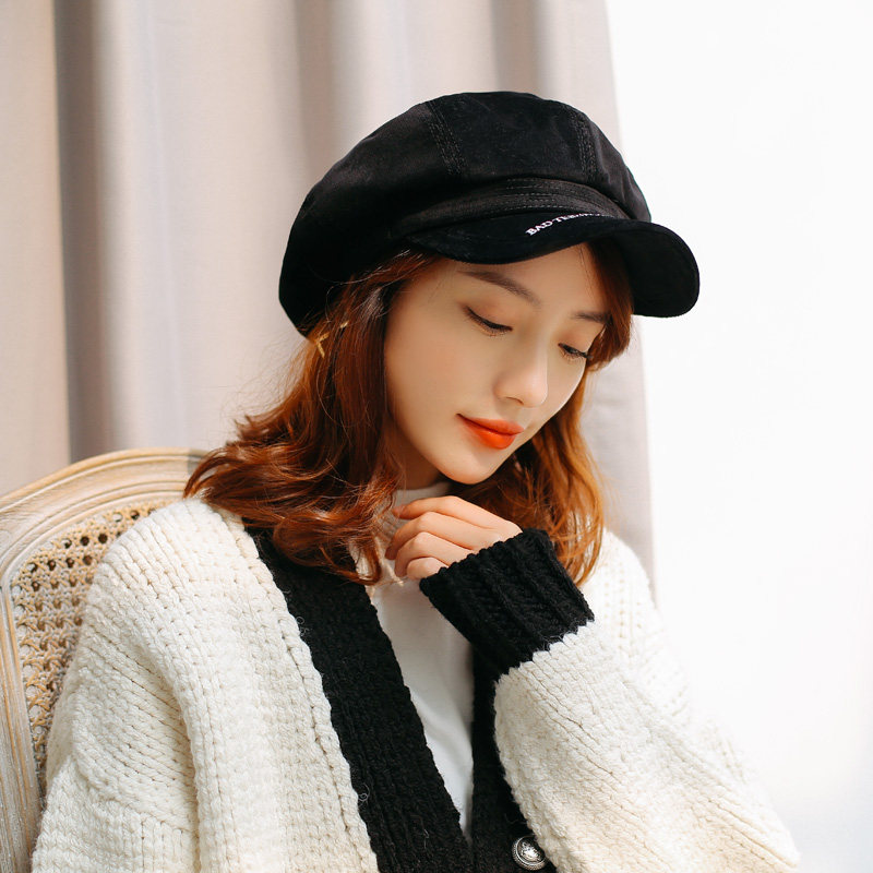 mw韩国英文刺绣大帽灯心绒八角帽子男女百搭帽子