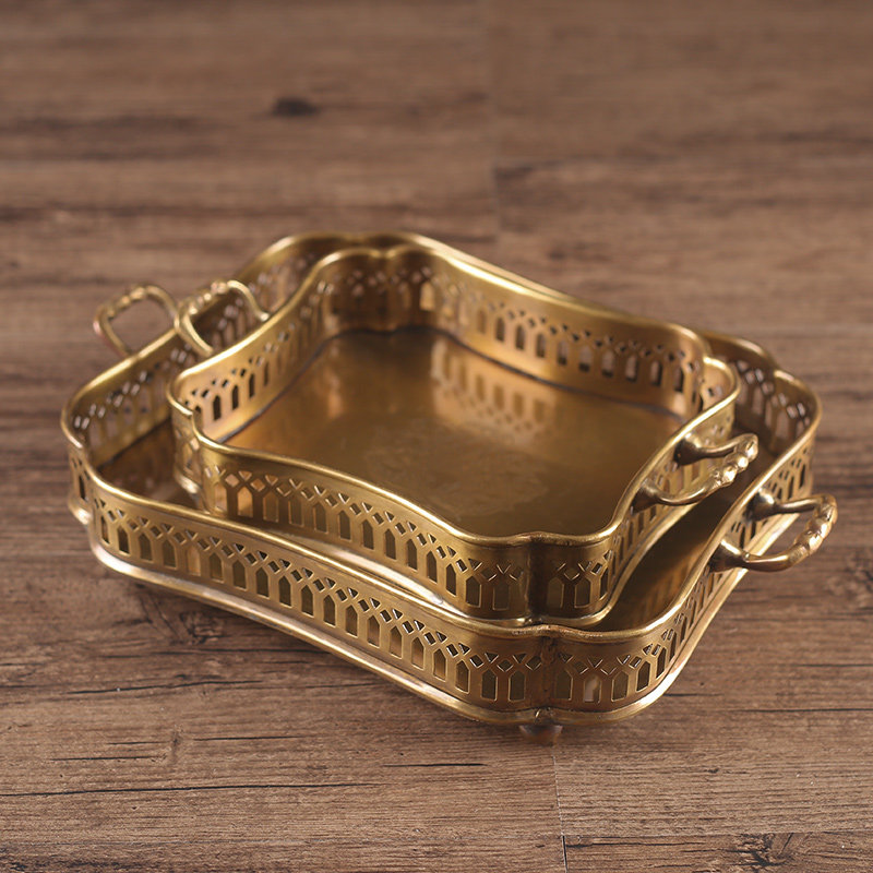 印度进口手工黄铜托盘欧式复古黄铜茶盘会所别墅餐厅装饰果盘摆件