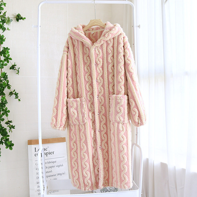 秋冬季法兰绒提花睡袍加厚保暖开襟珊瑚瑚绒浴袍睡袍