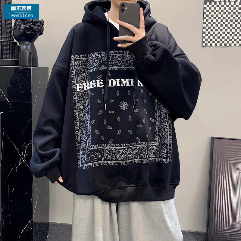腰果花加绒加厚连帽卫衣宽松oldschool美式外套男春季潮流ins衣服