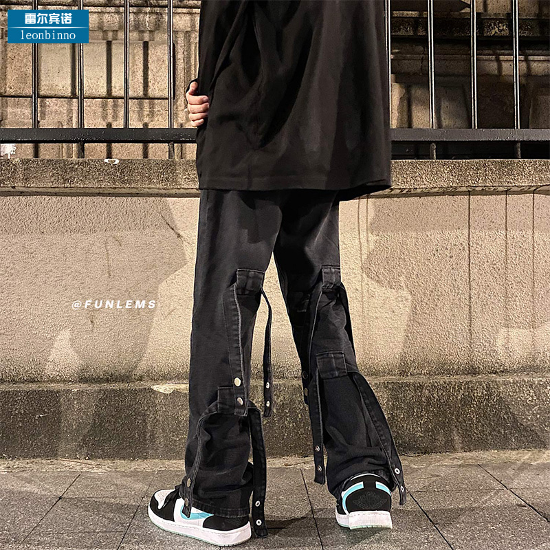 裤子高街ins潮春秋美式直筒宽松欧美hiphop绑带vibe牛仔裤男潮牌