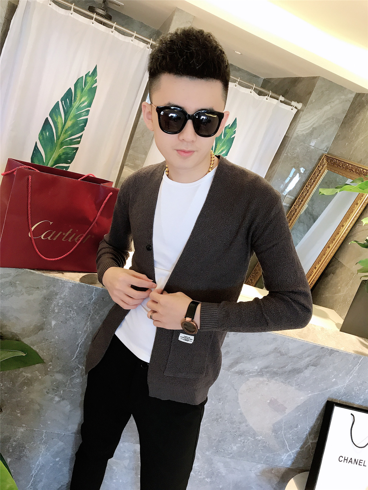 外套秋冬新款男士社会精神小伙针织衫小青年开衫针织衫