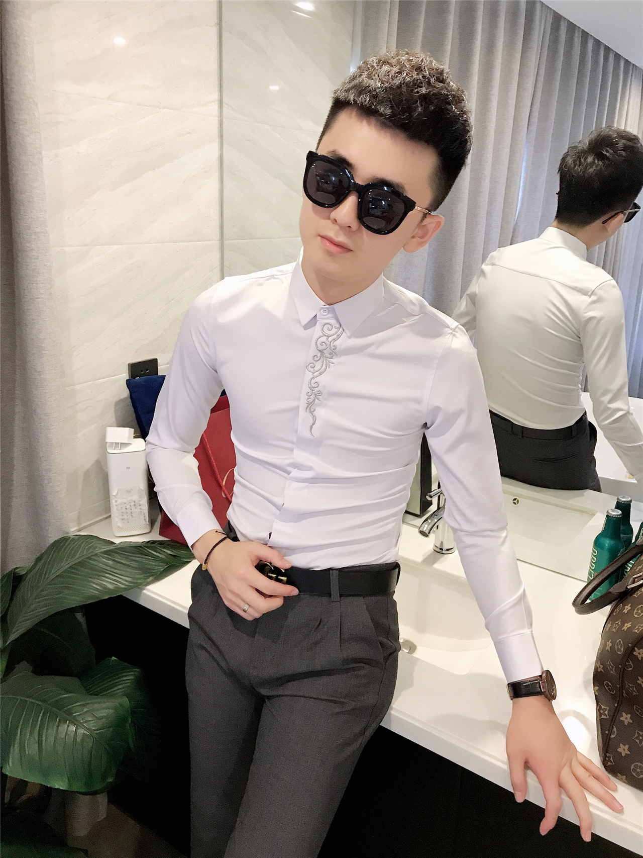 衬衫衬衣发型师打底小伙精神社会白衬衣刺绣网红衬衫