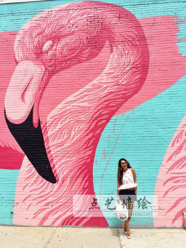 网红画师手绘墙彩彩绘打卡背景墙火烈鸟壁画油画油画