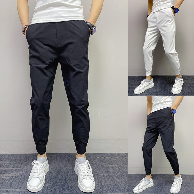 夏季网红裤子男韩版潮流精神小脚修身裤社会小伙纯色黑武士束脚裤