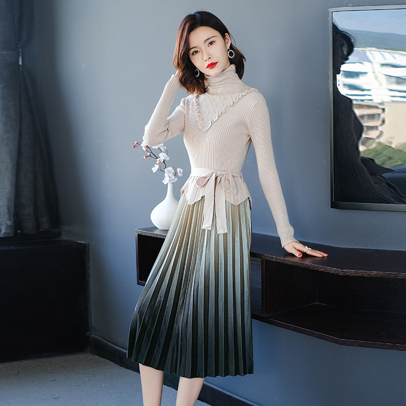 羊毛针织连衣裙女秋冬季新款宽松堆堆领打底超长款羊绒毛衣裙过膝