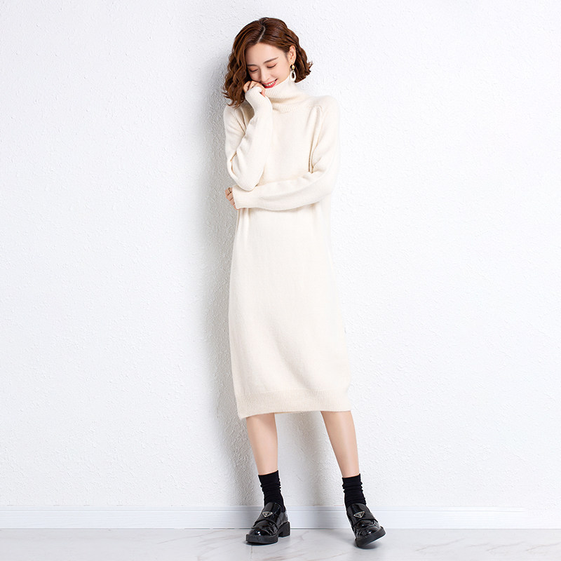 冬季羊毛针织打底过膝衣裙毛衣裙高领宽松中长连衣裙