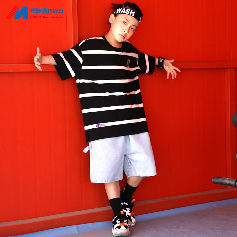 街舞套装男童嘻哈哈潮韩版宽松黑白条纹印花儿童演出服