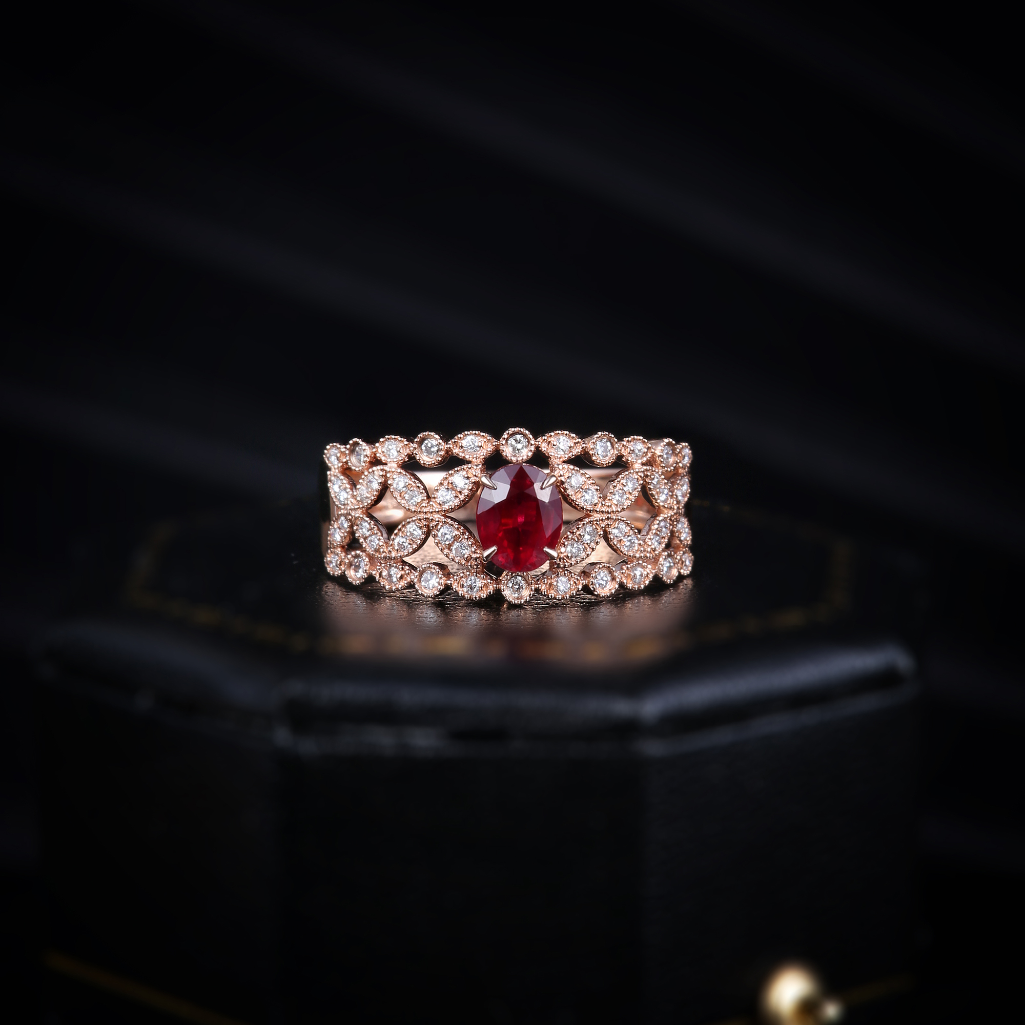 dechuang18k玫瑰金红红宝石戒指复古法式宫廷轻奢定制手饰