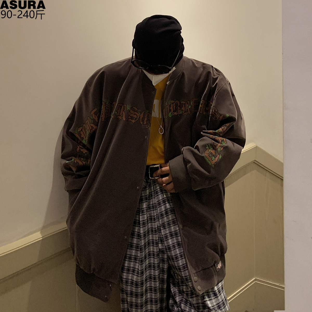 桃皮绒字母夹克男加肥加大码宽松潮流胖子棒球服春季港风复古日系