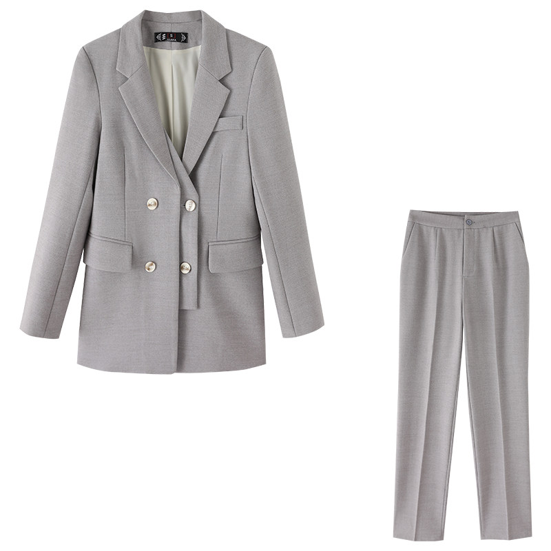 灰色小西西装秋装套装时尚气质女神范减龄高端职业女裤套装