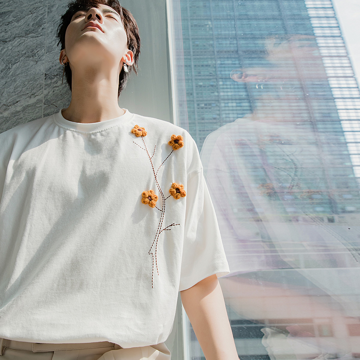 西西里男装夏季半袖男潮牌潮流宽松男士设计感刺绣白色短袖t恤