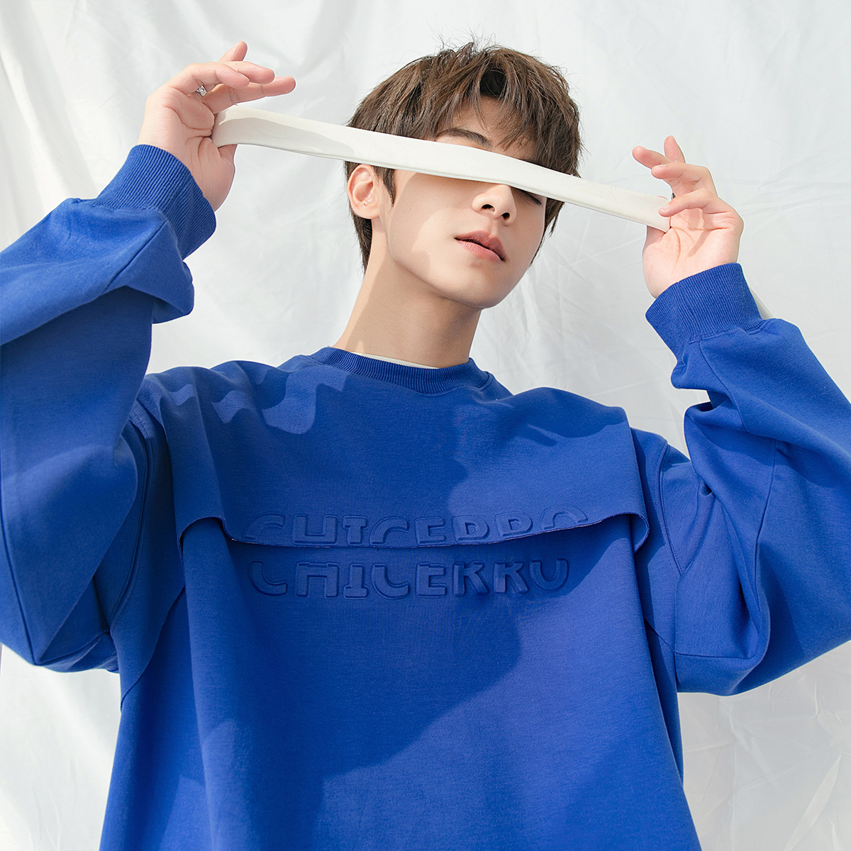 CHICERRO西西里男装克莱因蓝圆领卫衣男休闲宽松春夏假两件外套潮