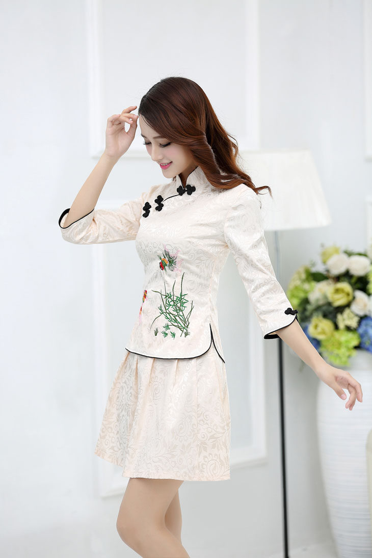 2018秋装女士时尚旗袍套装上衣短裙两件套民族风复古改良少女旗袍