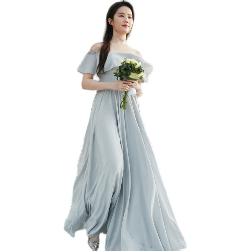 刘亦菲同款伴娘礼服2023新款伴娘服长款雪纺一字肩晚礼服连衣裙