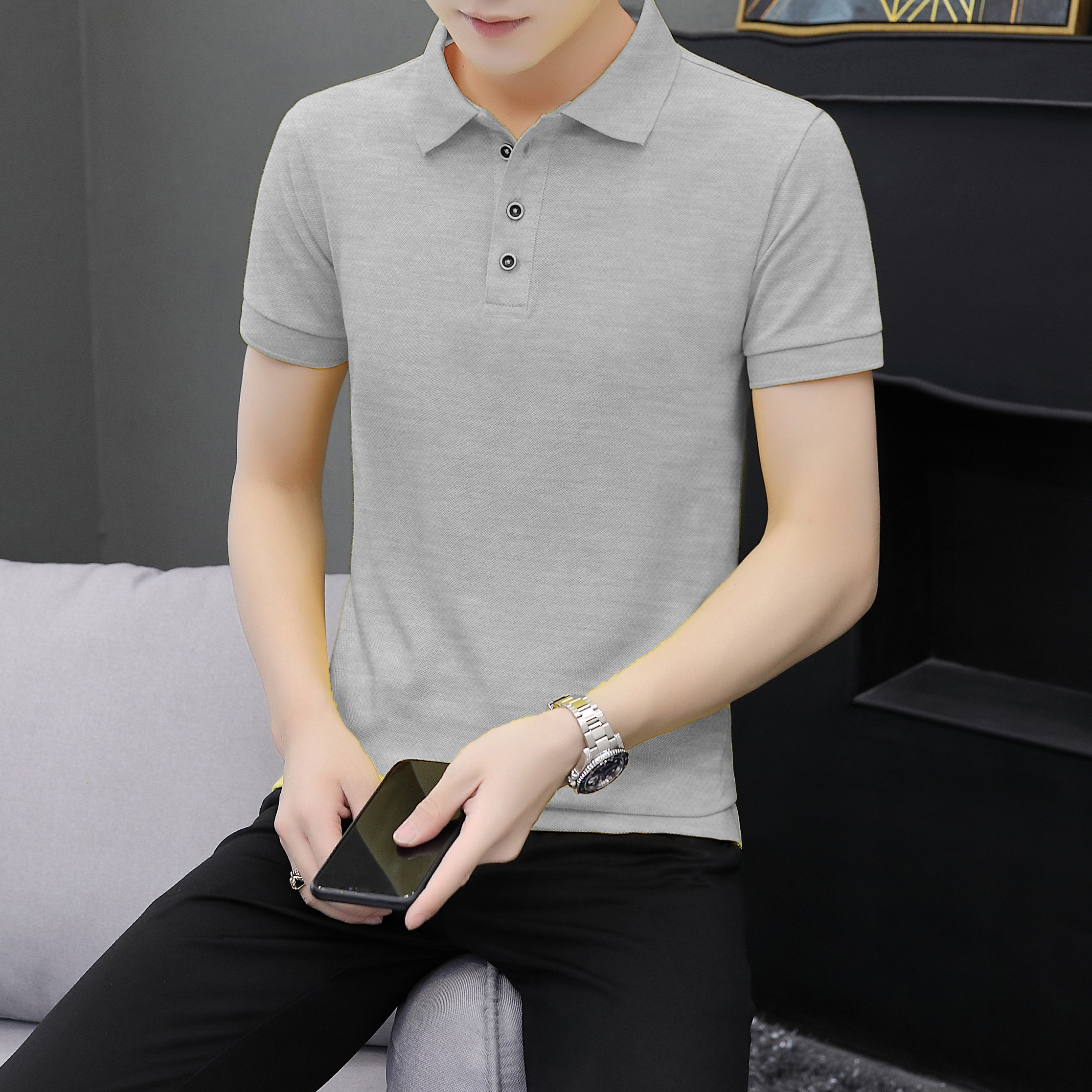 纯棉夏季宽松翻领男土短袖t恤休闲夏装中年人40岁30爸爸上衣服.