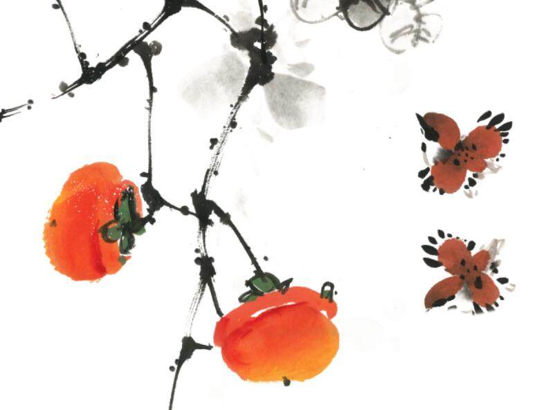 万事如意现代中式花鸟挂画竖版玄关柿子国画水墨国画