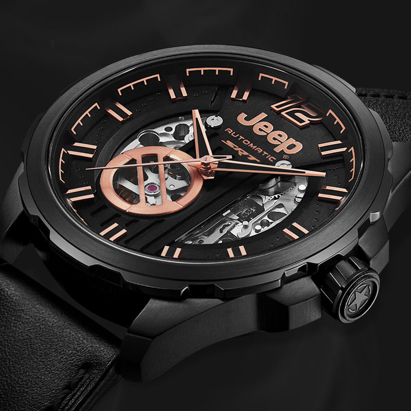 手表jeep吉普全自动机械表镂空透视表盘皮带官方欧美腕表