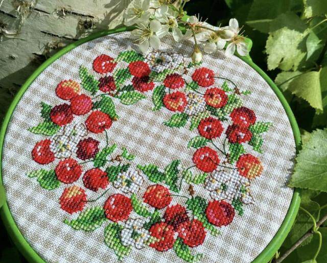 dmc十字绣套件客厅卧室精准印花樱桃樱桃花花环十字绣套件