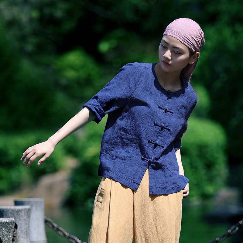 古石原创布衣色织亚麻对襟薄款短外套中式复古衬衫