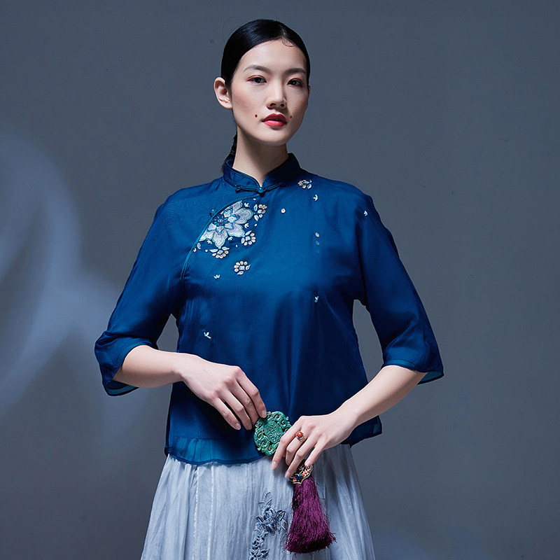 改良拉贝短款上衣旗袍七分刺绣宝相花敦煌春新上衣