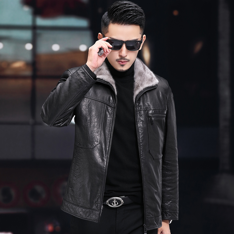 海宁真皮皮衣男士油蜡绵羊皮草夹克水貂翻领整貂皮毛一体大衣外套