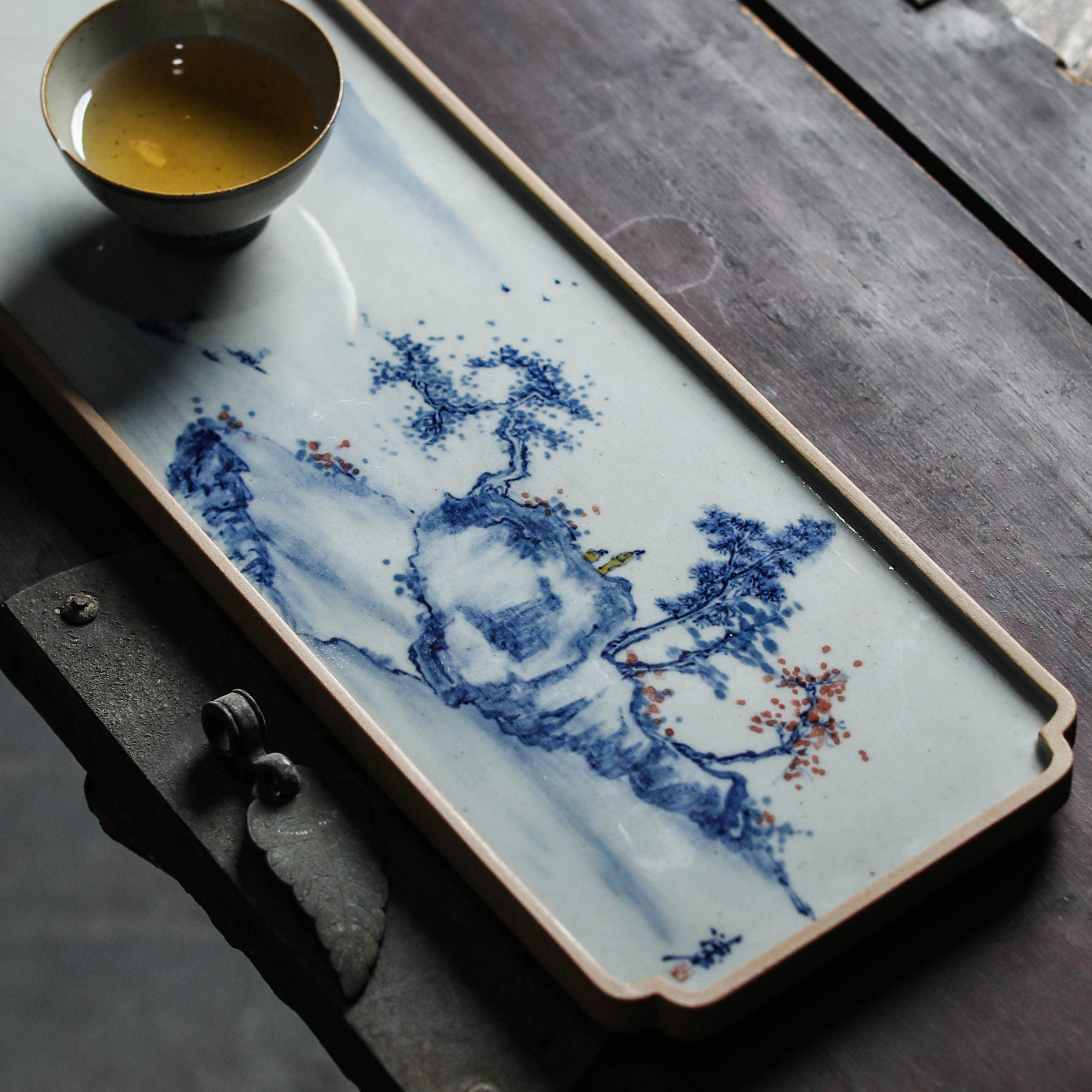 独清山水清音茶盘陶瓷手绘青花花功夫茶具点心茶盘
