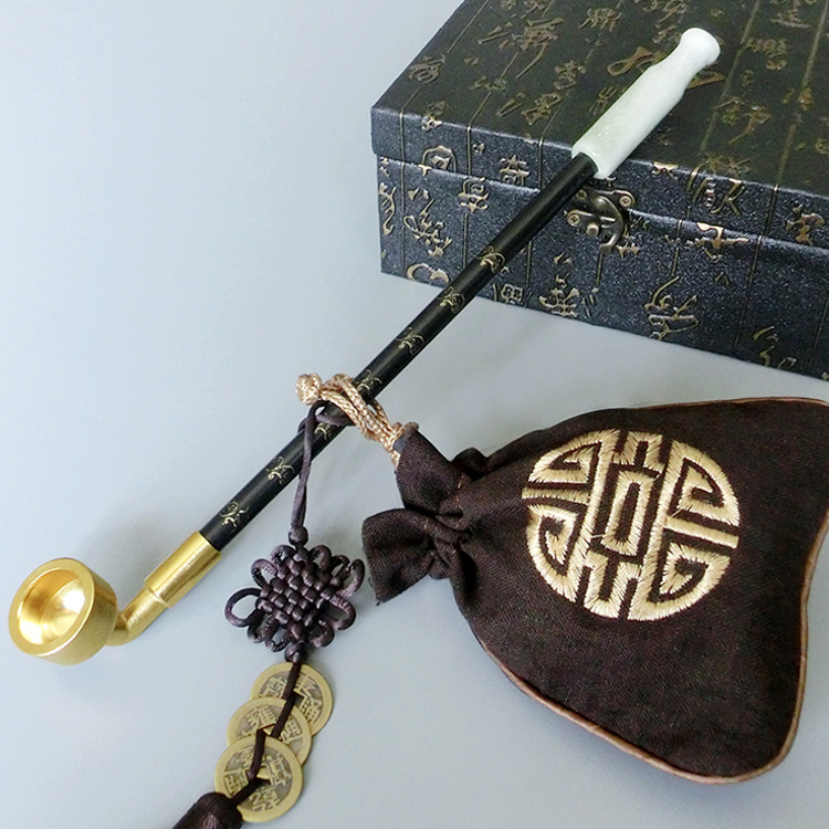 传统旱烟袋锅子农村老人老式烟袋锅玉石岫玉旱烟嘴黄铜烟锅长烟斗