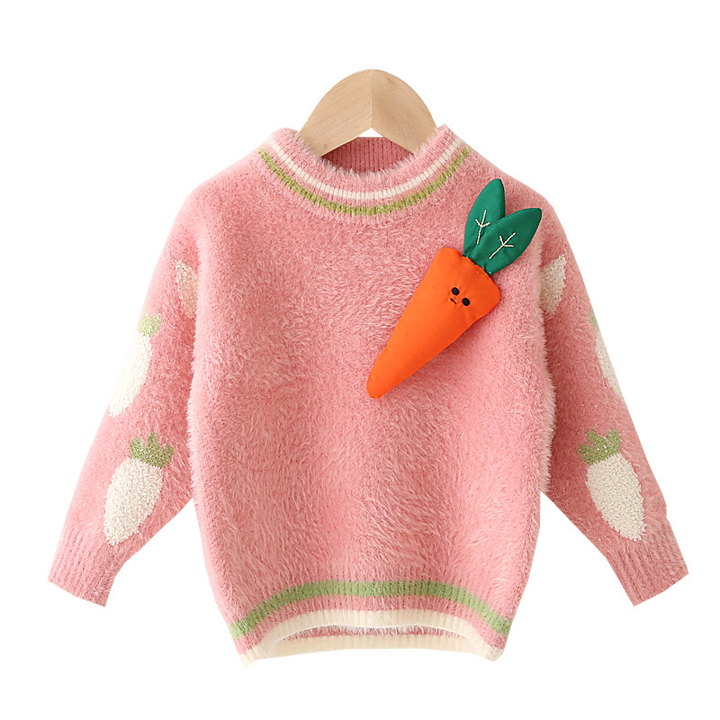 儿童毛衣女中可爱胡萝卜洋气水貂38岁秋冬加厚毛衣