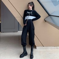 工装裤女显瘦高腰束脚长裤休闲裤秋季黑色裤子2020新款宽松萝卜裤