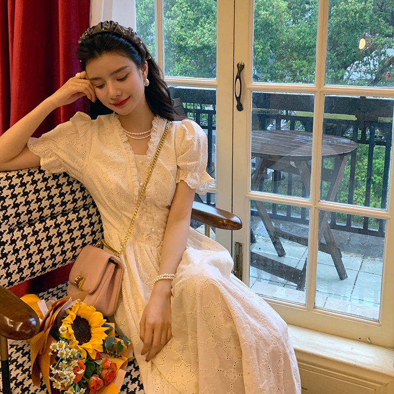 AMI NANA◆后海公主~法式气质收腰短袖连衣裙女夏仙女温柔风长裙