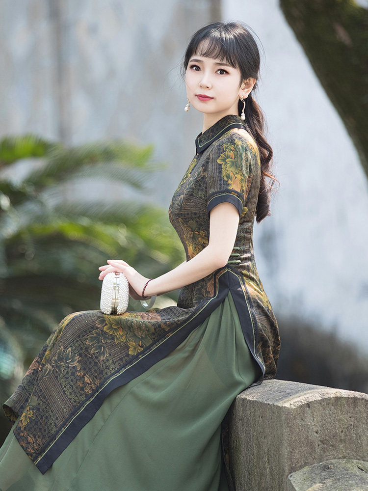 如意风改良旗袍奥黛款连衣裙女夏2022年收腰显瘦日常穿搭长款裙子
