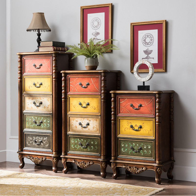 美式斗柜实木收纳柜子储物欧式复古客厅彩绘五斗柜橱美式五斗柜