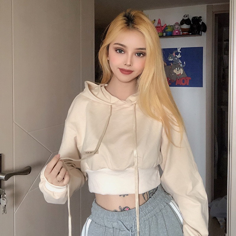 kisf法式少女复古慵懒风短款连帽上衣显瘦宽松心机露腰百搭卫衣女