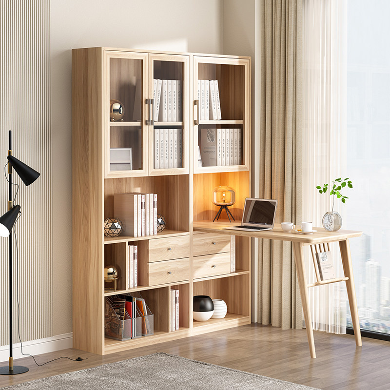 书桌实木书柜一体玻璃门转角书架书房卧室北欧书桌