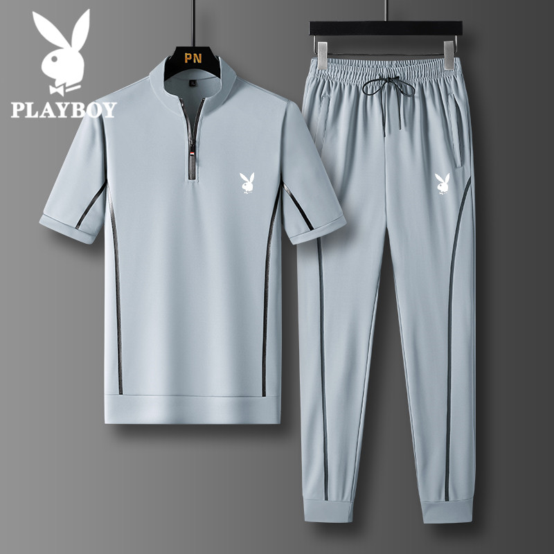 花花公子男士短袖t恤夏季男装帅气一套搭配套装冰丝薄款两件套潮