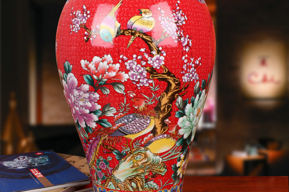 景德镇陶瓷器珐琅彩瓷中国红牡丹凤凰凤凰花花鸟大花瓶花瓶