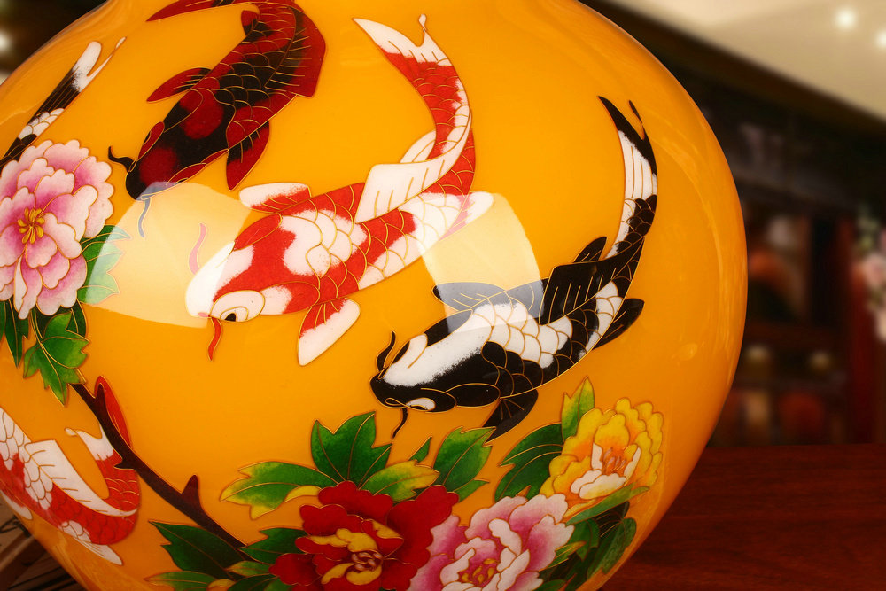 景德镇陶瓷器宫廷黄金丝麦秆年年有鱼花瓶中国国风古典花瓶