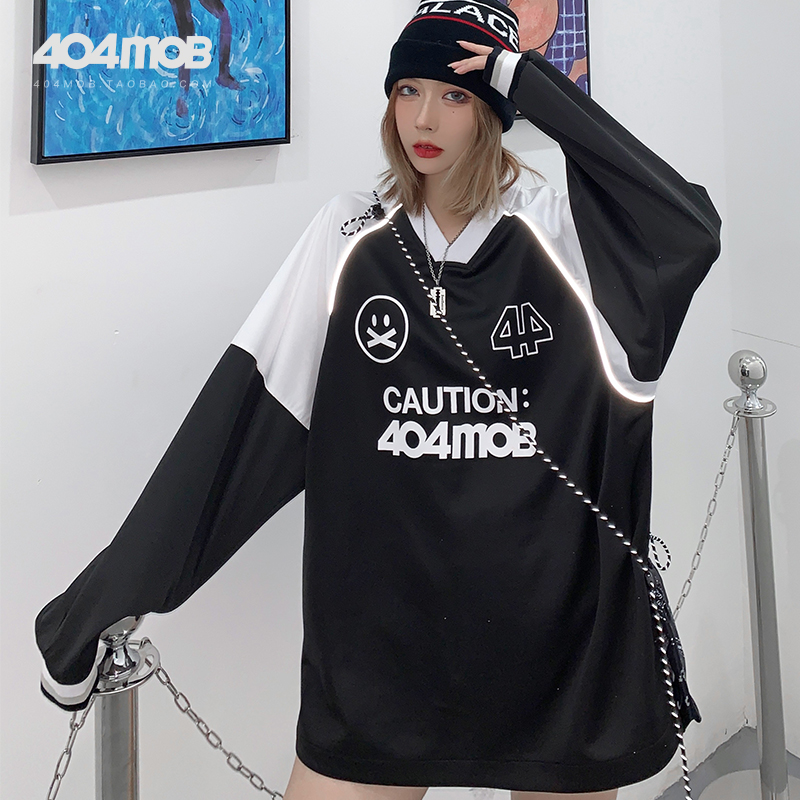 404MOB潮牌3M反光条撞色拼接长袖T恤男女ins宽松街头嘻哈休闲上衣