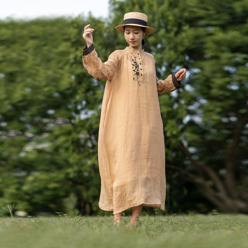 立领绣花棉麻连衣裙女夏季高端 宽松显瘦a型民族风大摆苎麻长裙子