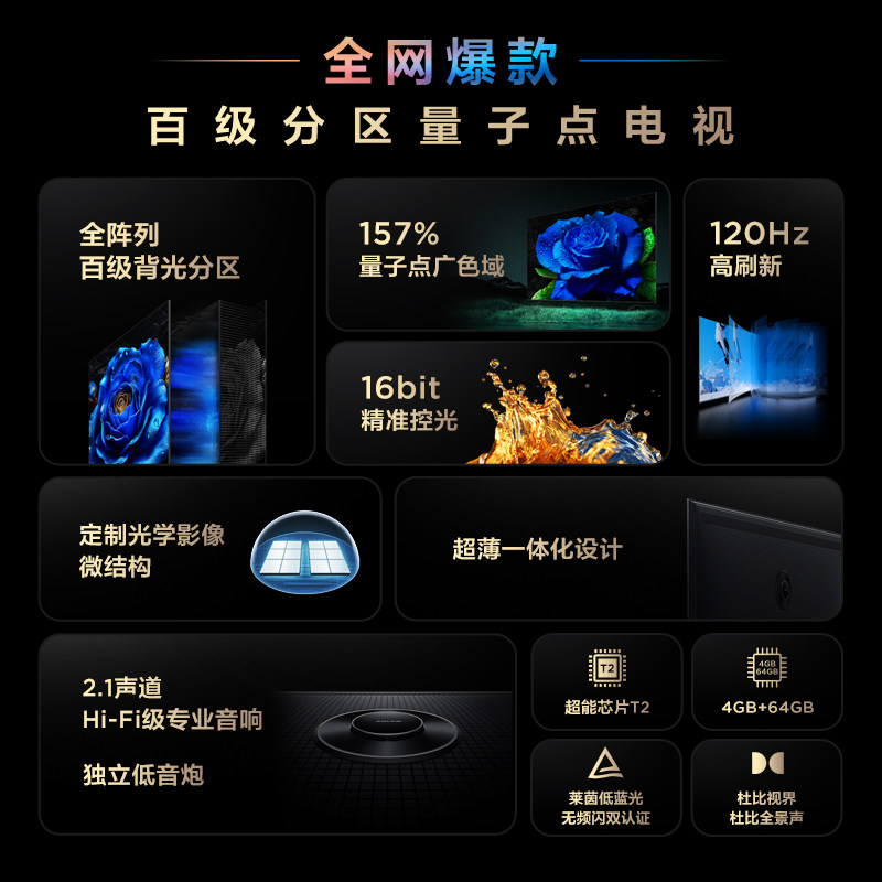 tcl65t8h65英寸百级分区qled量子点超薄全面屏液晶平板电视