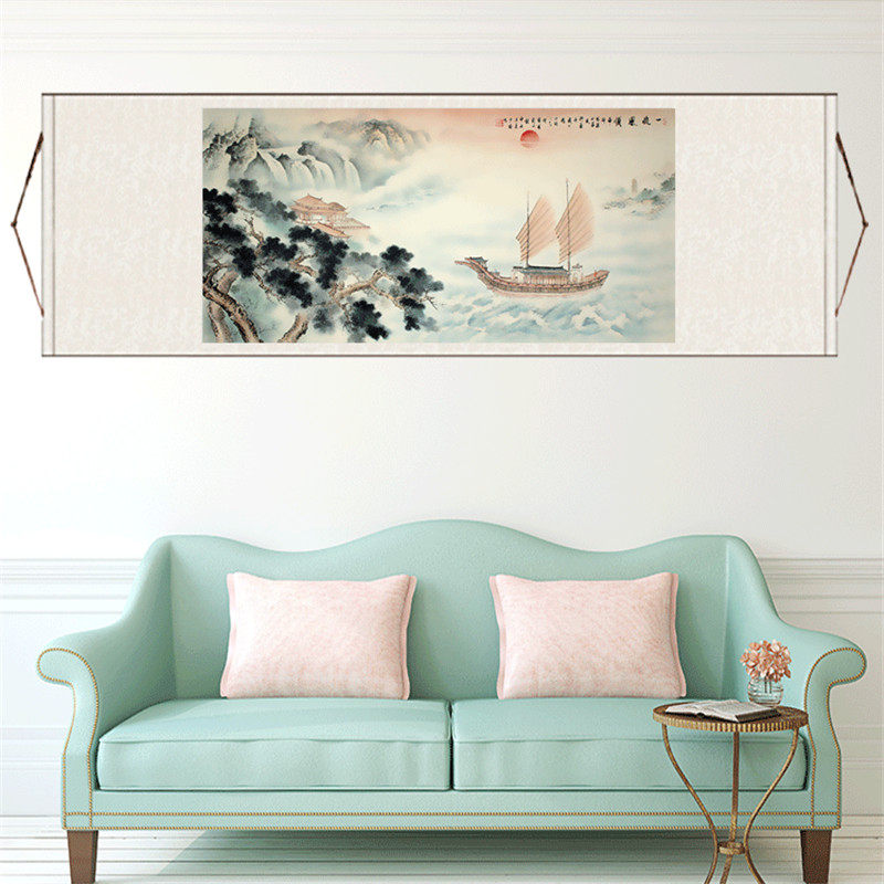 风水丝绸横幅长城卷轴挂画一帆水墨山水画荷花国画