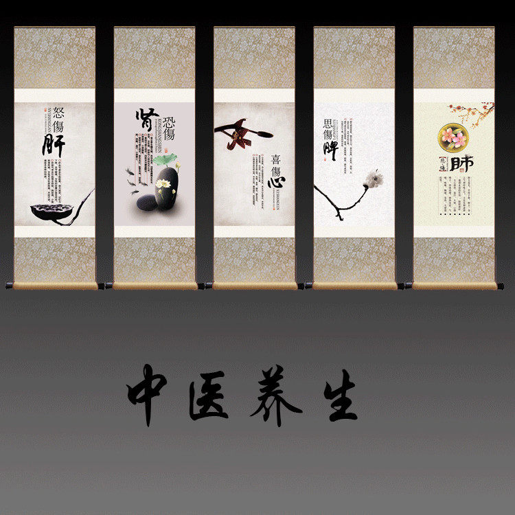挂画伤心中医养生装饰画五条屏挂画养生字画丝绸礼品国画