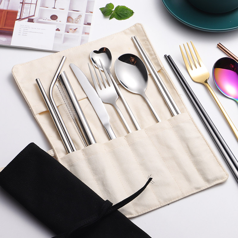 新款环保餐具套装 304不锈钢吸管叉勺筷子便携户外餐具组布袋套装