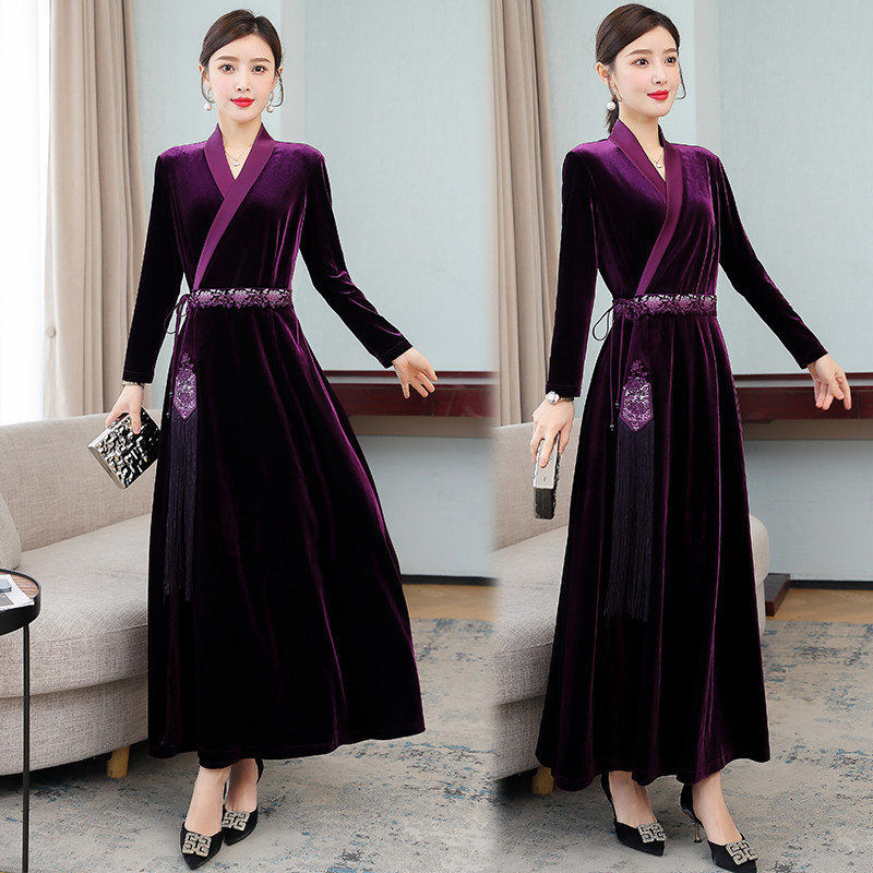 高级金丝绒连衣裙春秋品牌时尚真丝领加绒裙子女连衣裙