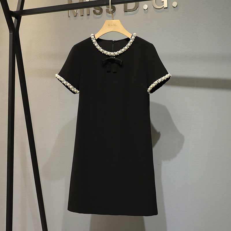 Miss DG小黑裙女夏2022年新款轻奢重工钉珠A字裙气质小香风连衣裙