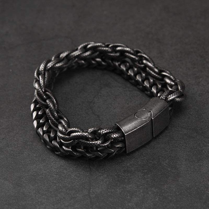 钛钢双层手链男潮ins暗黑复古做旧古银机能手链