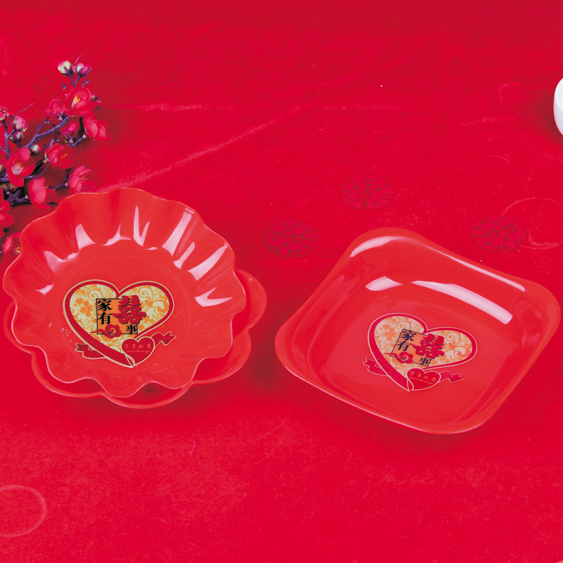 果盘结婚红色喜庆中式大红婚宴婚礼碟子水果果盆